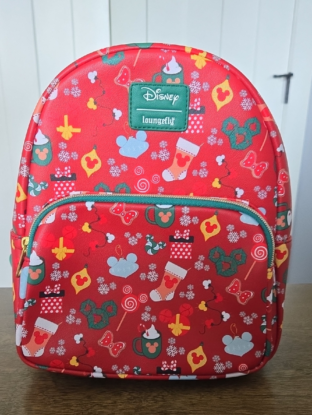 Loungefly Red Disney Holiday Backpack with Green Accents